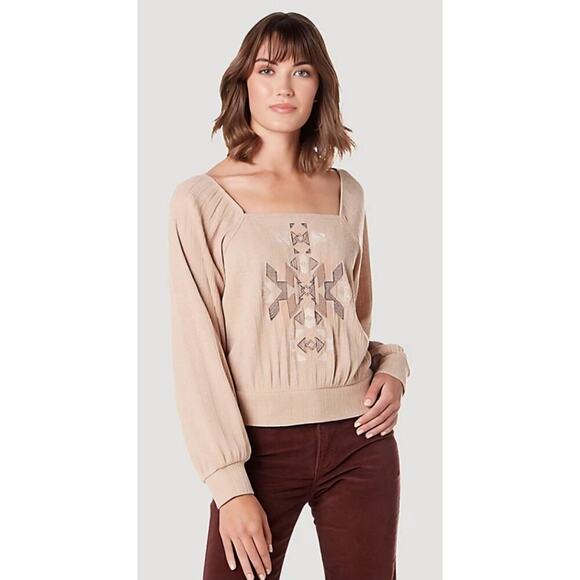 Wrangler Retro Medium M Knit Embroidered Boho Ribbed Balloon Long Sleeve Blouse - Picture 1 of 8